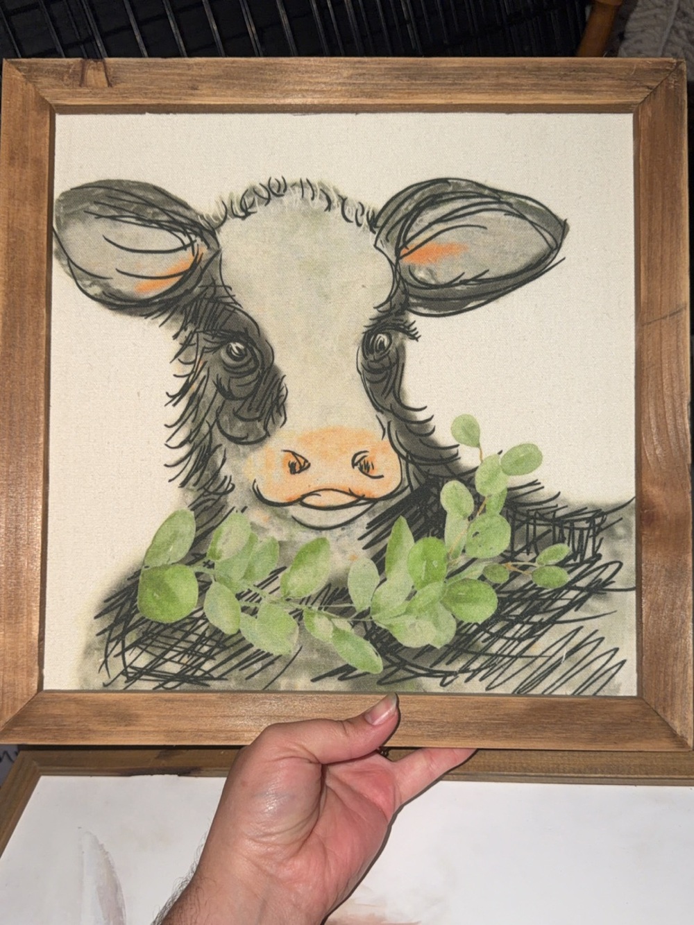 Framed Cow Canvas Art with Green Leaf Accents